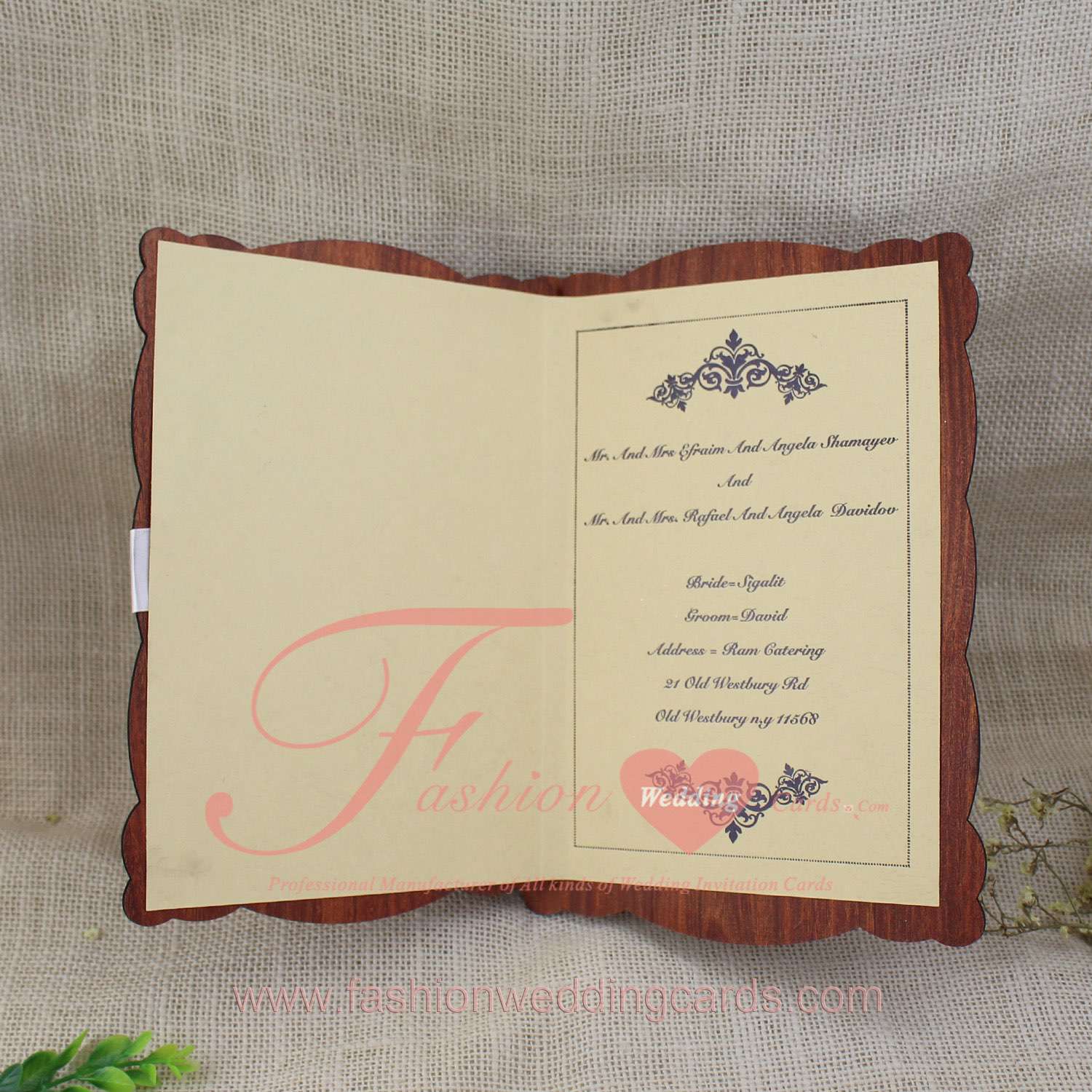 Wood Luxury Islamic Wedding Invitation Wordings with Ribbon